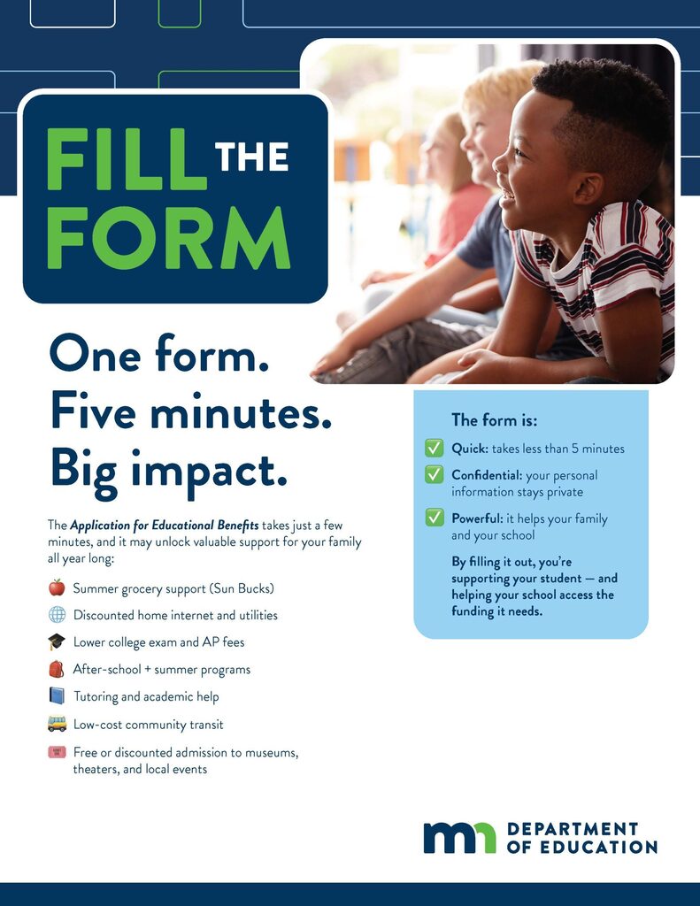 Fill the Form. One form. Five minutes. Big Impacts. It lists several discounts such as summer grocery support, discounted home internet and utilities, lower college exam and ap fees, after school and summer programs, tutoring and academic help, low cost community transit, and free or discounted admission to museums, theaters, and local events
