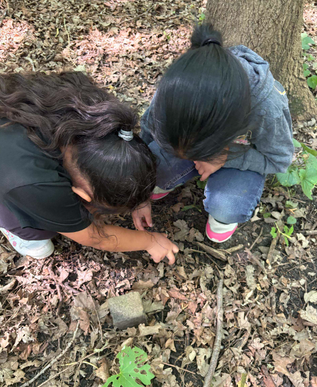 2 kids looking at the ground