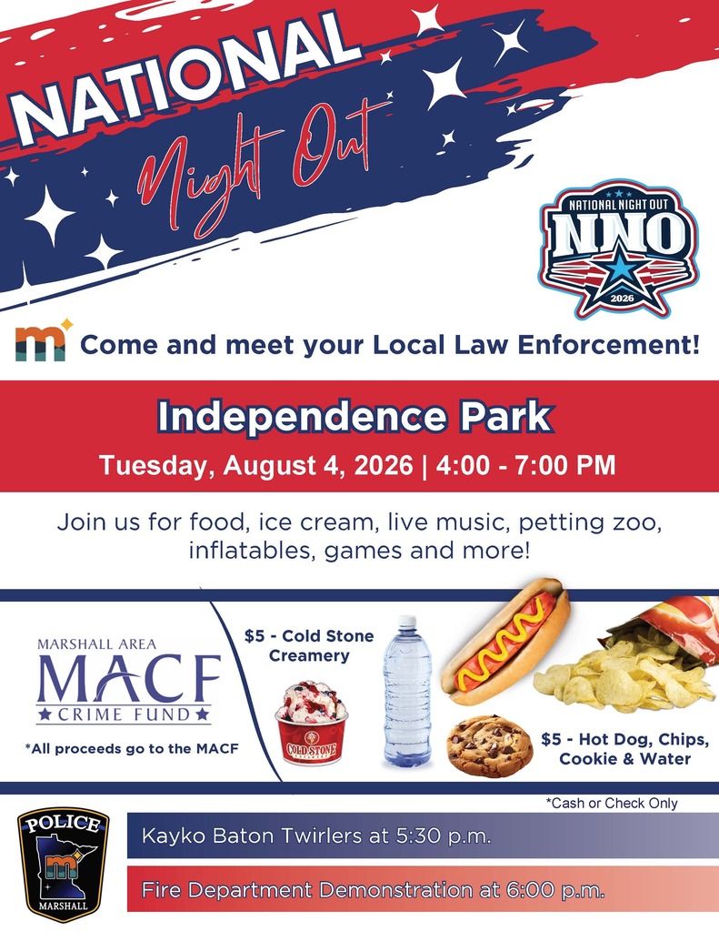 National Night Out Flyer. Blue and Red themes with food pictures and Police Department badge
