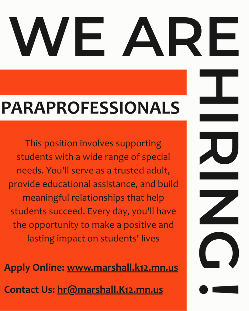 Image using black, white, and orange that says we are hiring paraprofessionals. All words are the same as in the caption.