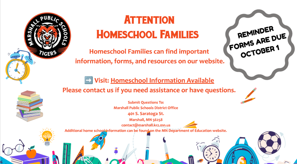 Attention Homeschool Families - Homeschool Families can find important information, forms and resources on our website. Forms are all due tot he district by October 1st.