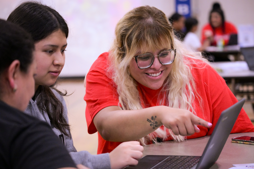 Staff member pointing at computer