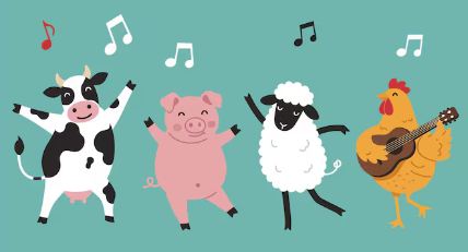 Farm animals dancing with music notes