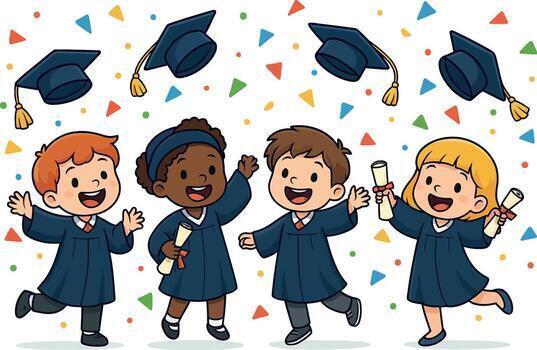 4 students celebrating their graduation in navy blue graduation attire 