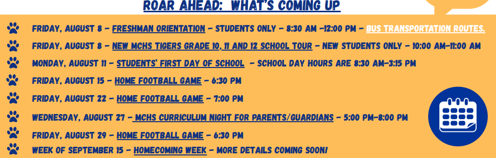 MCHS Roar Ahead Dates