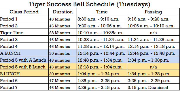 MCHS Tiger Success Tuesdays Bell Schedule