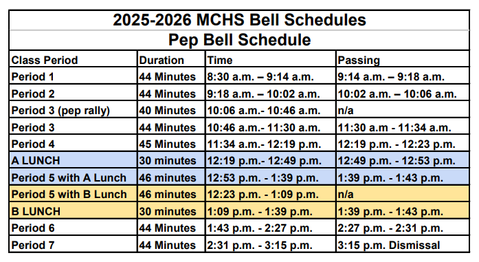 2025-2026 MCHS Pep Rally Bell Schedule