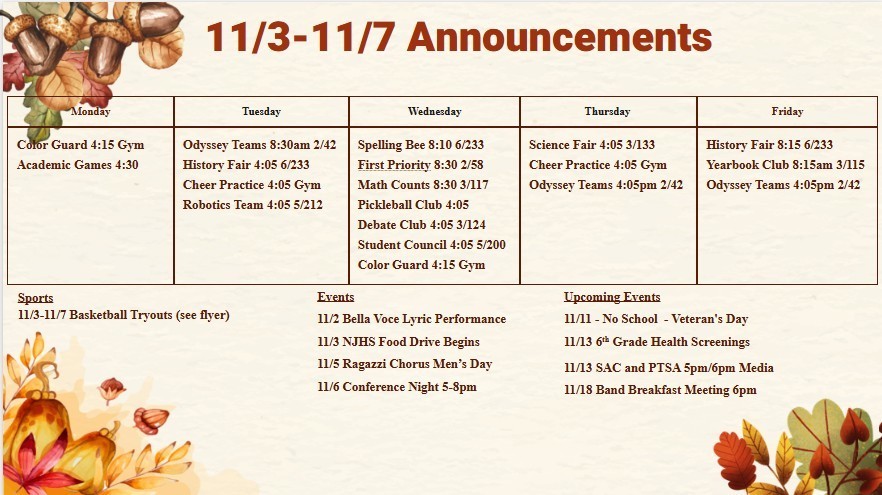 11-3 through 11-7 announcements