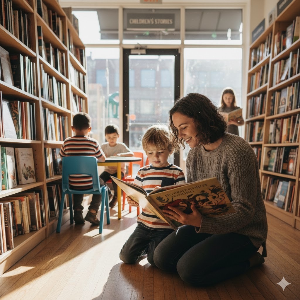 Mother and son looking for a book
