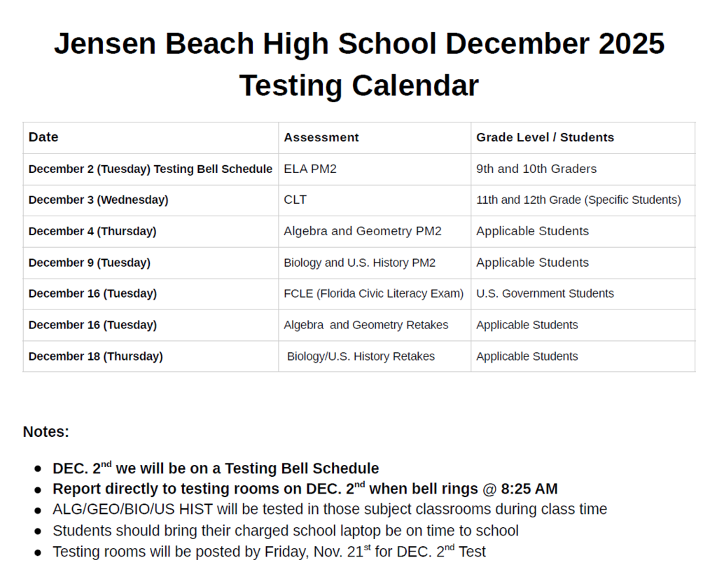 JBHS December Testing Schedule
