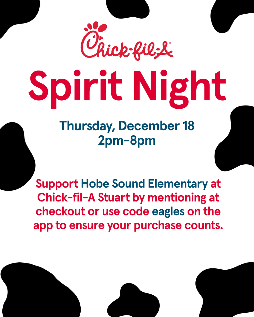 Chick Fil A Spirit Night notice for 12/18/2025 from 2 to 8 PM at Stuart Location.