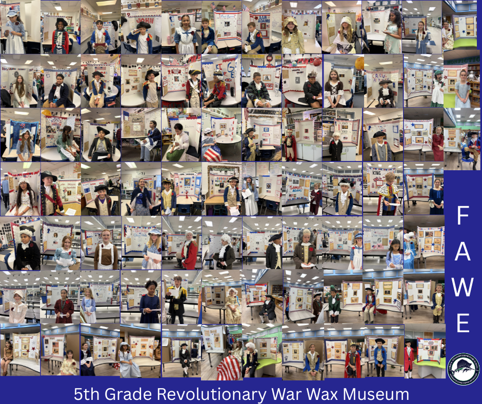 photos of our fifth graders presenting their wax museum projects