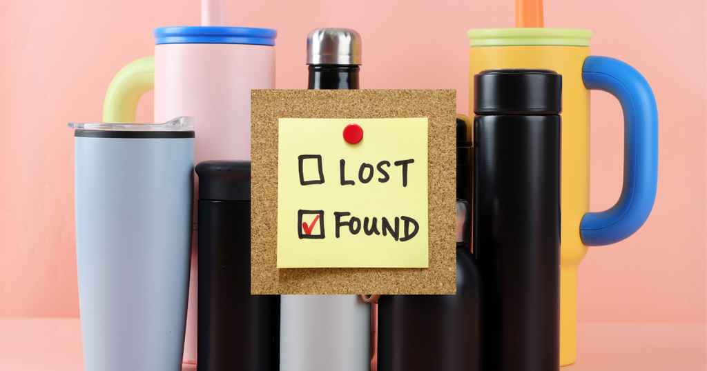 lost and found sign on water bottles
