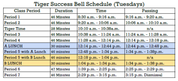 MCHS Tiger Success Bell Schedule