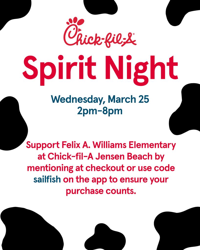 spirit night at chick fil a in jensen beach march 25th from 2-8pm