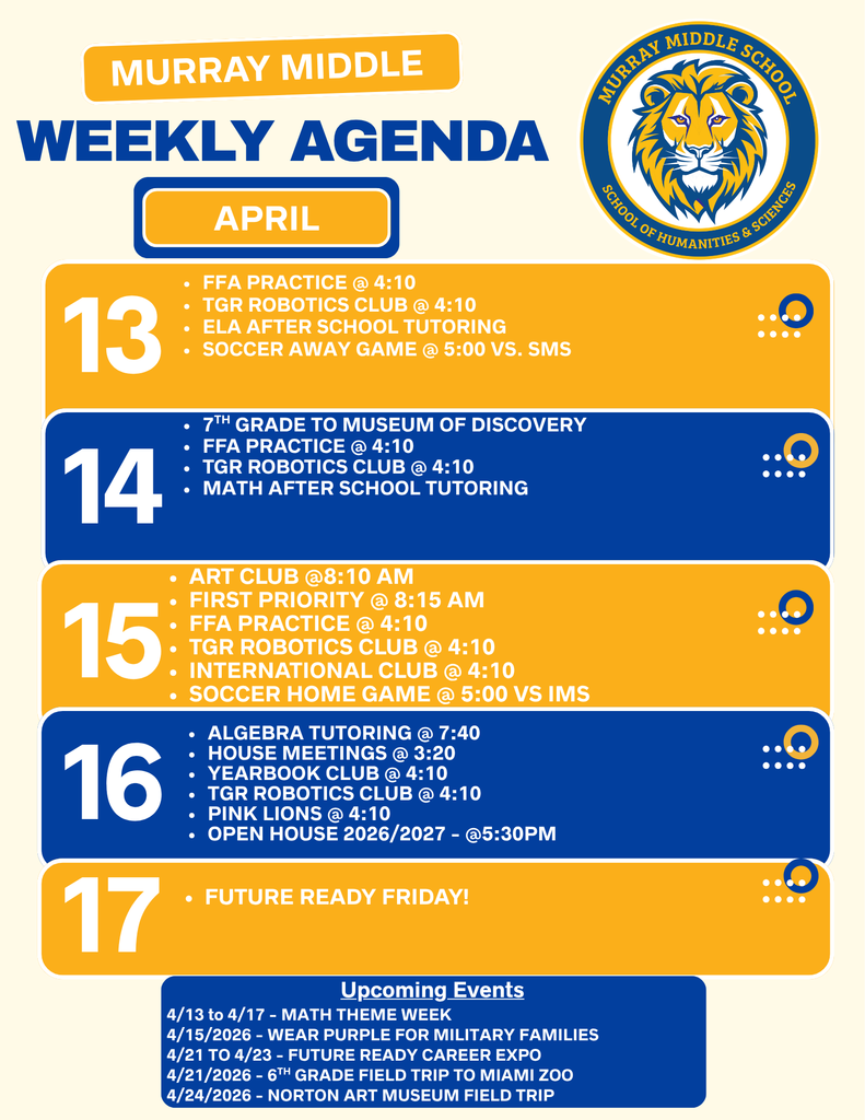 MMS weekly agenda April 13 to April 17