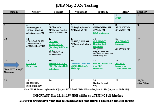 JBHS May Testing Schedule 2026