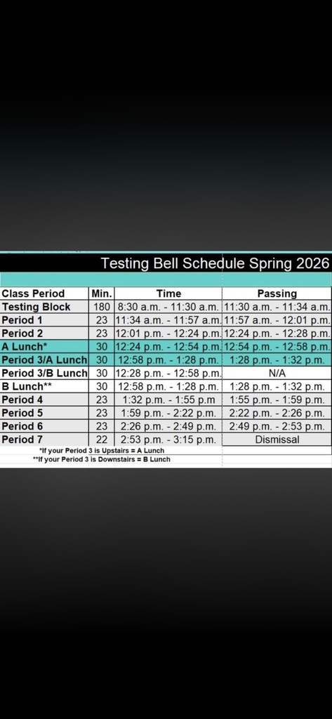JBHS Spring Test Schedule 2026