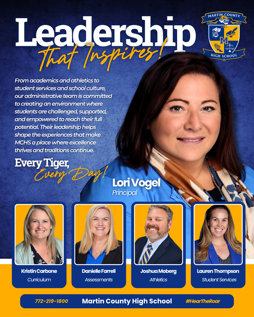 Graphic titled "Leadership That Inspires!" featuring the Martin County High School administrative team. The design has a blue textured background with gold and white accents and the Martin County High School crest in the upper right. On the right side is a large portrait of Principal Lori Vogel. On the left, text reads: "From academics and athletics to student services and school culture, our administrative team is committed to creating an environment where students are challenged, supported, and empowered to reach their full potential. Their leadership helps shape the experiences that make MCHS a place where excellence thrives and traditions continue. Every Tiger, Every Day!" Along the bottom are four assistant principals: Kristin Carbone, Assistant Principal of Curriculum; Danielle Farrell, Assistant Principal of Assessments; Joshua Moberg, Assistant Principal of Athletics; and Lauren Thompson, Assistant Principal of Student Services. A footer displays "Martin County High School," the phone number 772-219-1