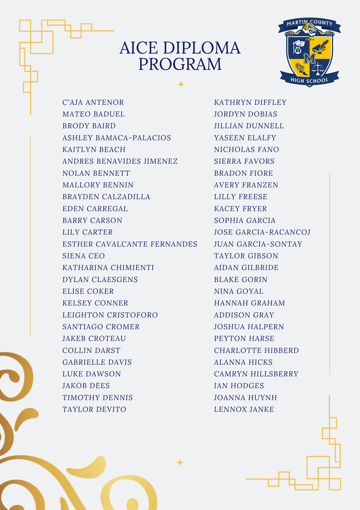 MCHS Spring 2026 AICE Diploma Recipients