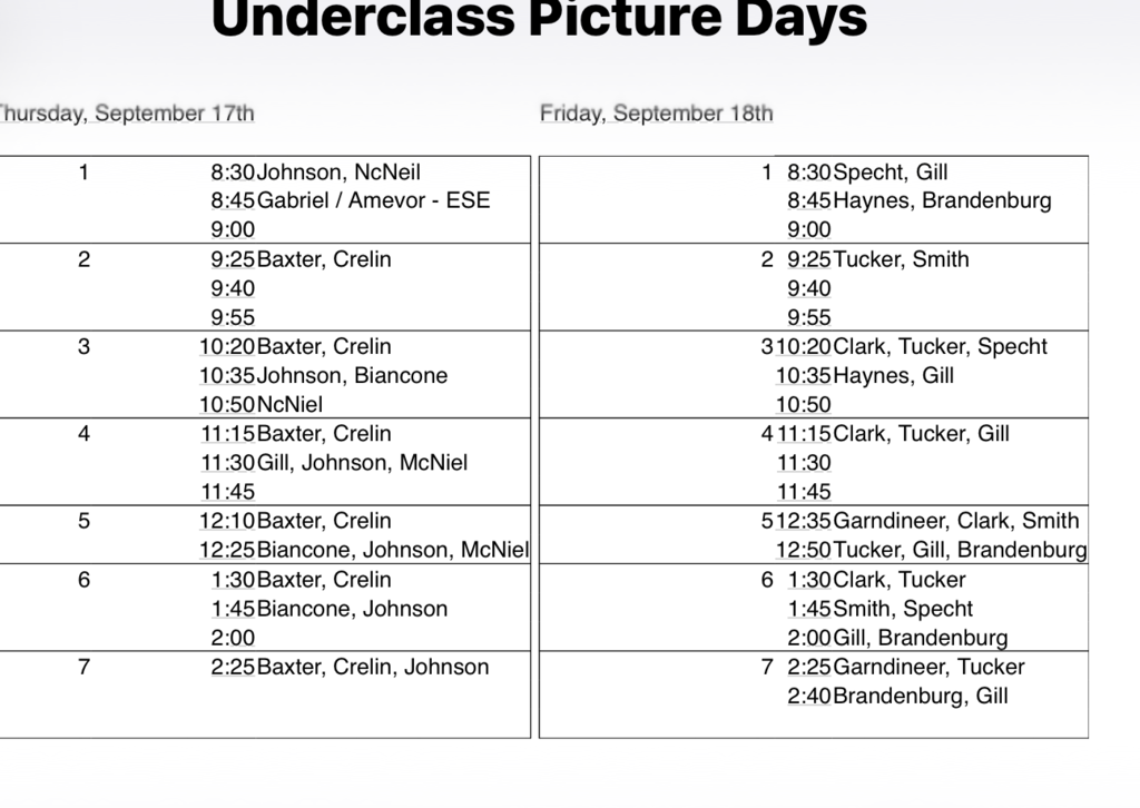 MCHS Underclass Picture Day Schedule