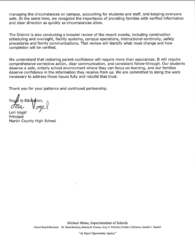 September 17. 2026 Message from MCHS Principal Lori Vogel