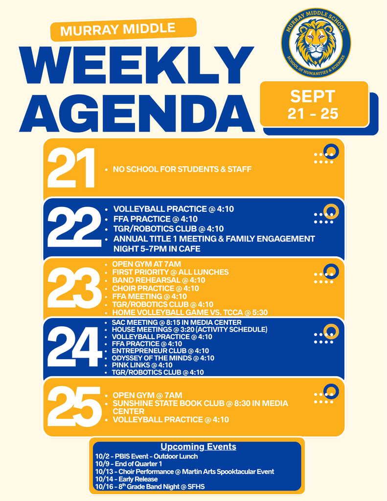 Weekly Agenda for the week of 9/21