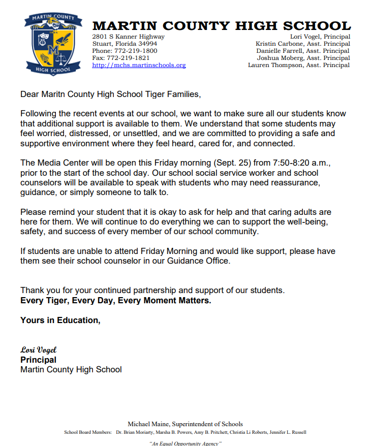 Letter from MCHS Principal Lori Vogel