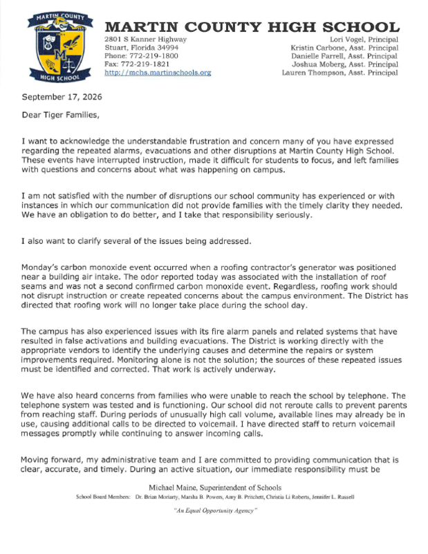 September 17, 2026 MCHS Principal Lori Vogel Message