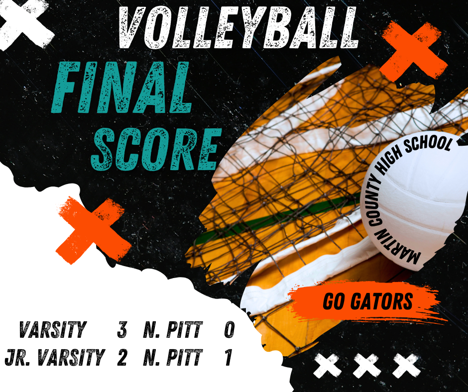 Volleyball final score update. Martin County High School Varsity wins 3 to 0 against North Pitt and Junior Varsity wins 2 to 1 against North Pitt.
