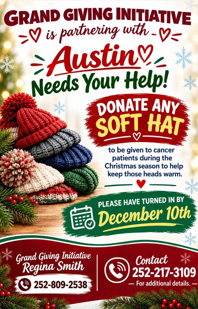 A flyer for hat donations