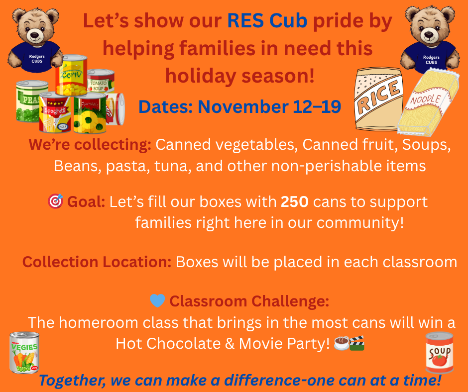 Let’s show our Cub pride by helping families in need this holiday season! 📅 Dates November 11–22 📍 Collection Location Boxes will be placed in each classroom and the front office