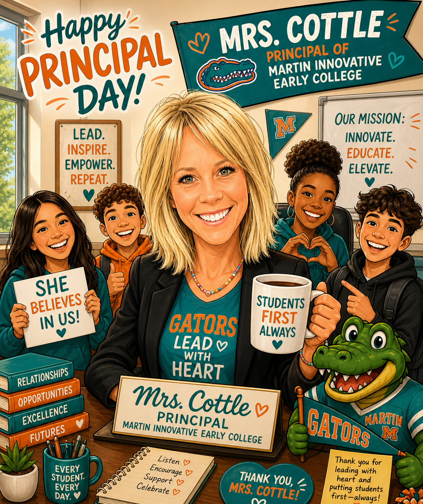 Mrs. Cottle picture for Happy Principals' Day. She is holding a cup of coffee surrounded by students. She is sitting at a desk with books and a gator, representing the Martin County High School mascot. 