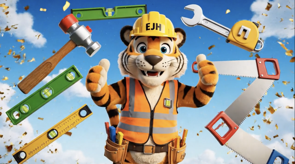 EJH tiger wearing construction clothes with tools floating nearby in background.