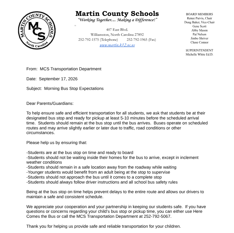 Transportation 2026 Parent Letter