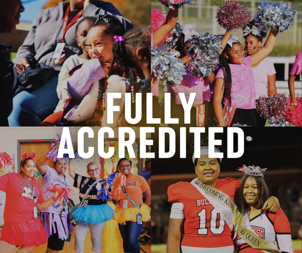 background of student and teacher photos with the words FULLY ACCREDITED in white overlayed