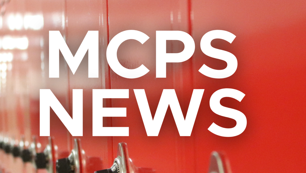Red lockers in the background with MCPS NEWS in white letters