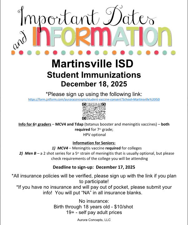 Vaccination Clinic flyer for December 18th 2025 at Martinsville ISD at 10 am for required school vaccinations QR code and link available 