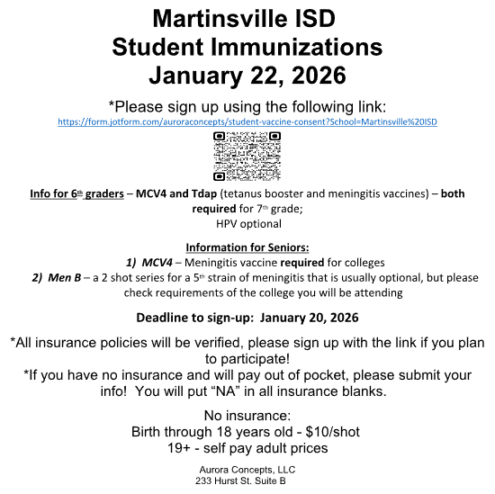 Picture of flyer with information about a student immunization clinic on January 22, 2026 at 10 am at the school with a QR to signup or  link. No insurance is $10/shot. 