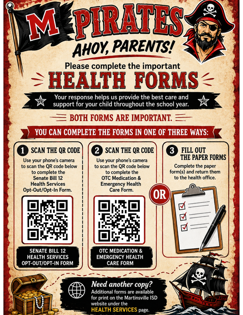 Image includes two QR codes that link to the school's Health Services form and OTC med consent form.