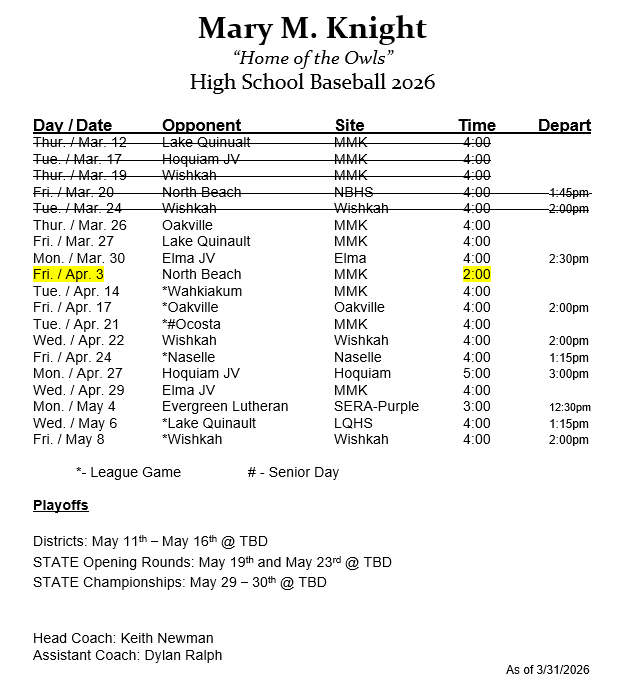 High School Baseball Schedule