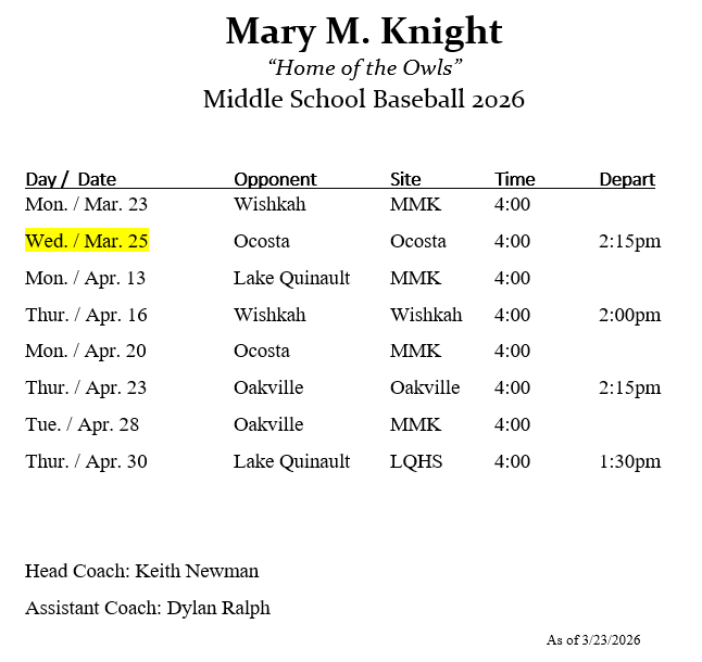 Middle School Baseball Schedule