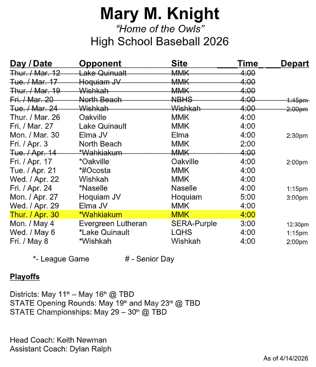Updated HS Baseball Schedule
