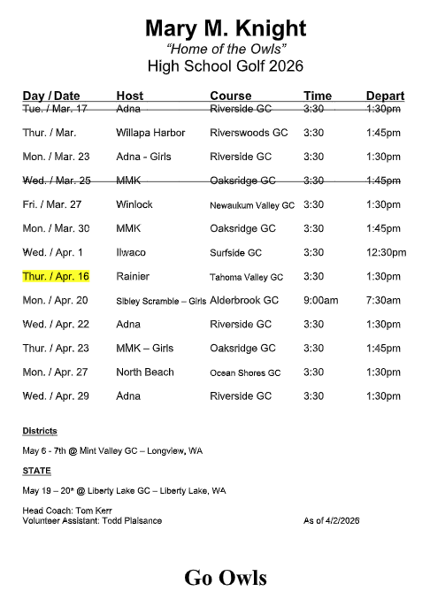 High School Golf Schedule