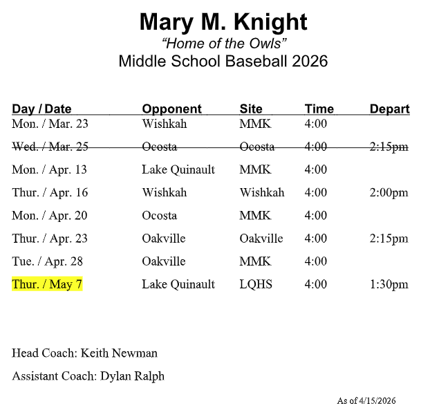 Middle School Baseball Schedule