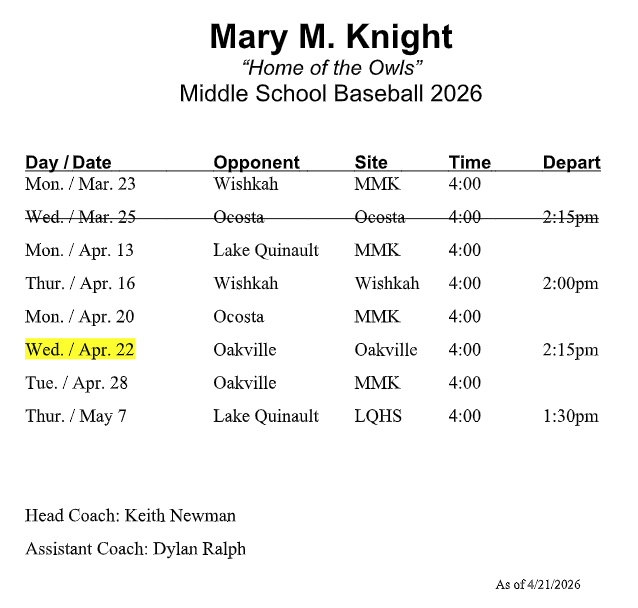 MS Baseball Schedule