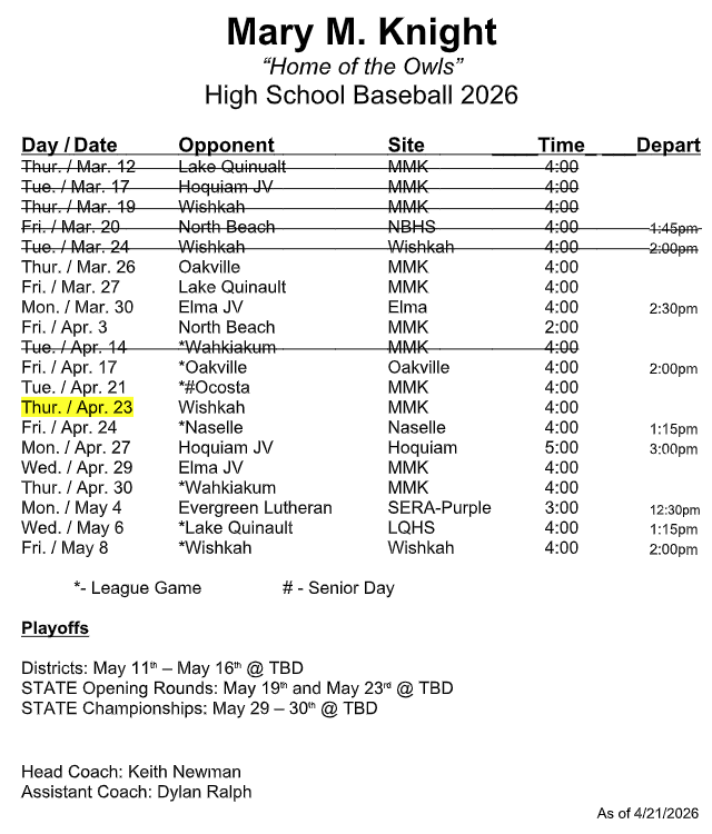 HS Baseball Schedule