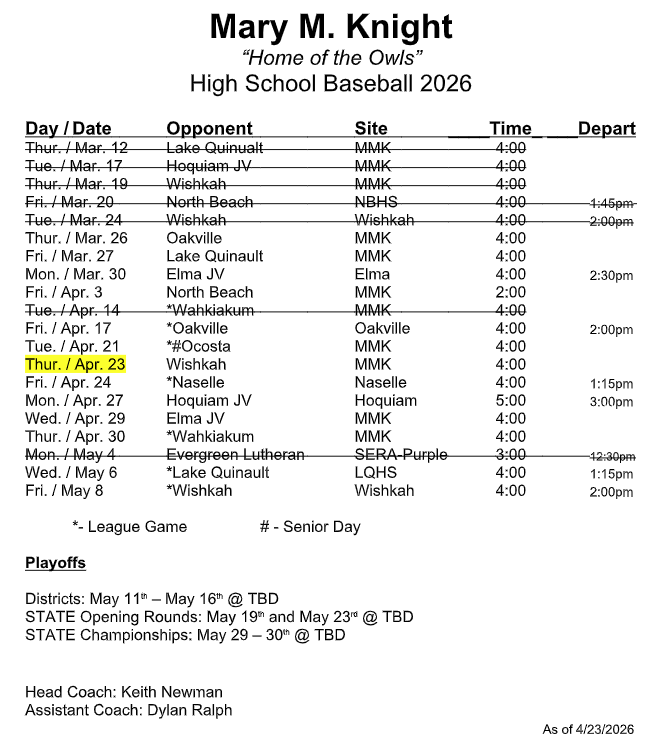 HS Baseball Schedule