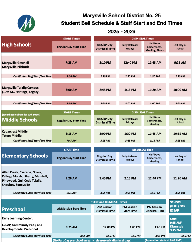 A picture of the Marysville School District Bell Schedule
