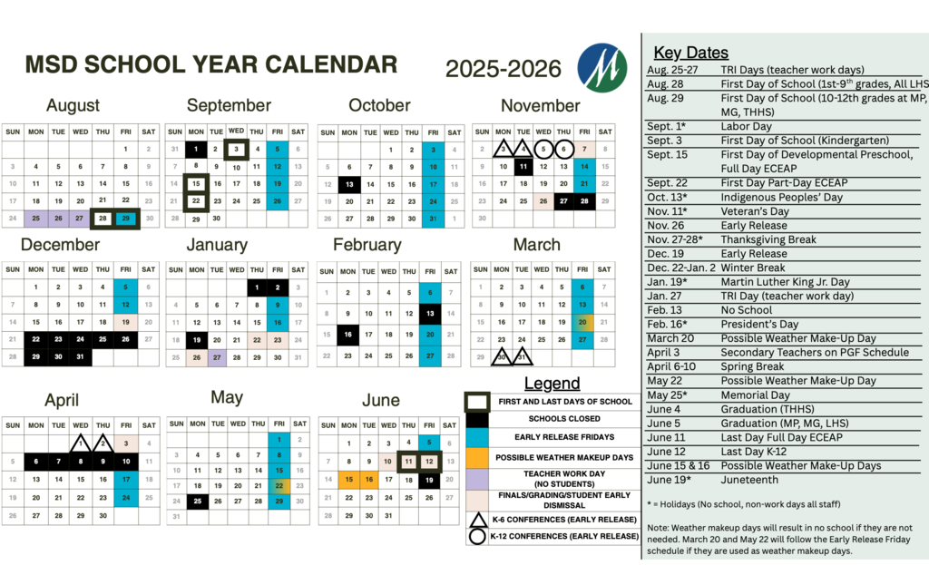 A picture of Marysville School District 2025-2026 School Year Calendar